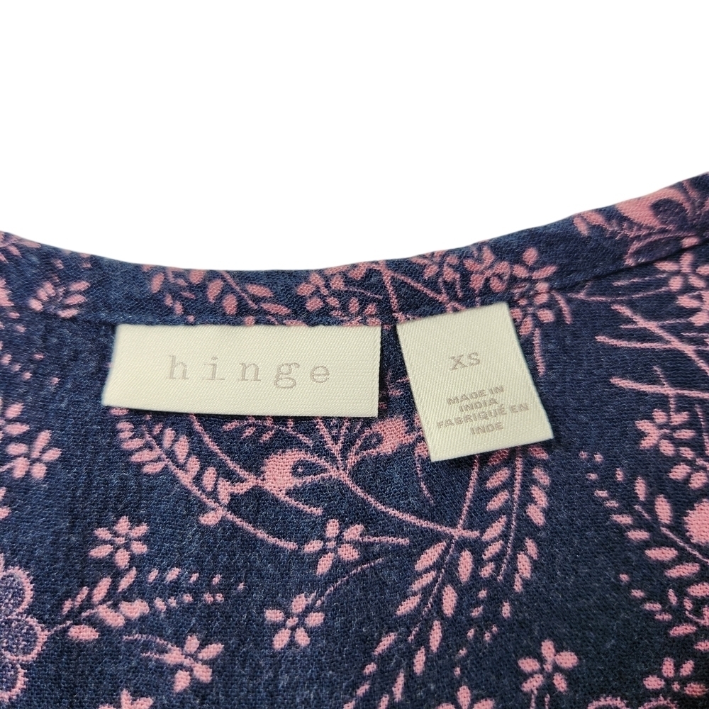 Hinge Navy Blue & Pink Floral Cottagecore Button-Front Blouse 3/4 Sleeve Size XS - Picture 8 of 10